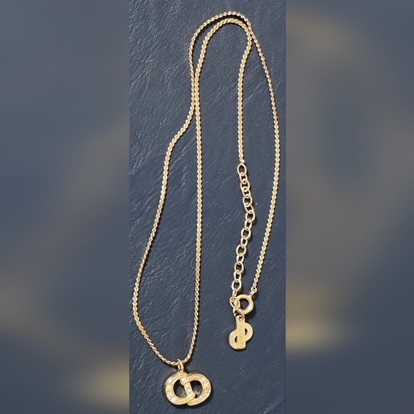 Christian Dior Authentic CD Logo Rhinestone Pendant Necklace Vintage Gold Color
